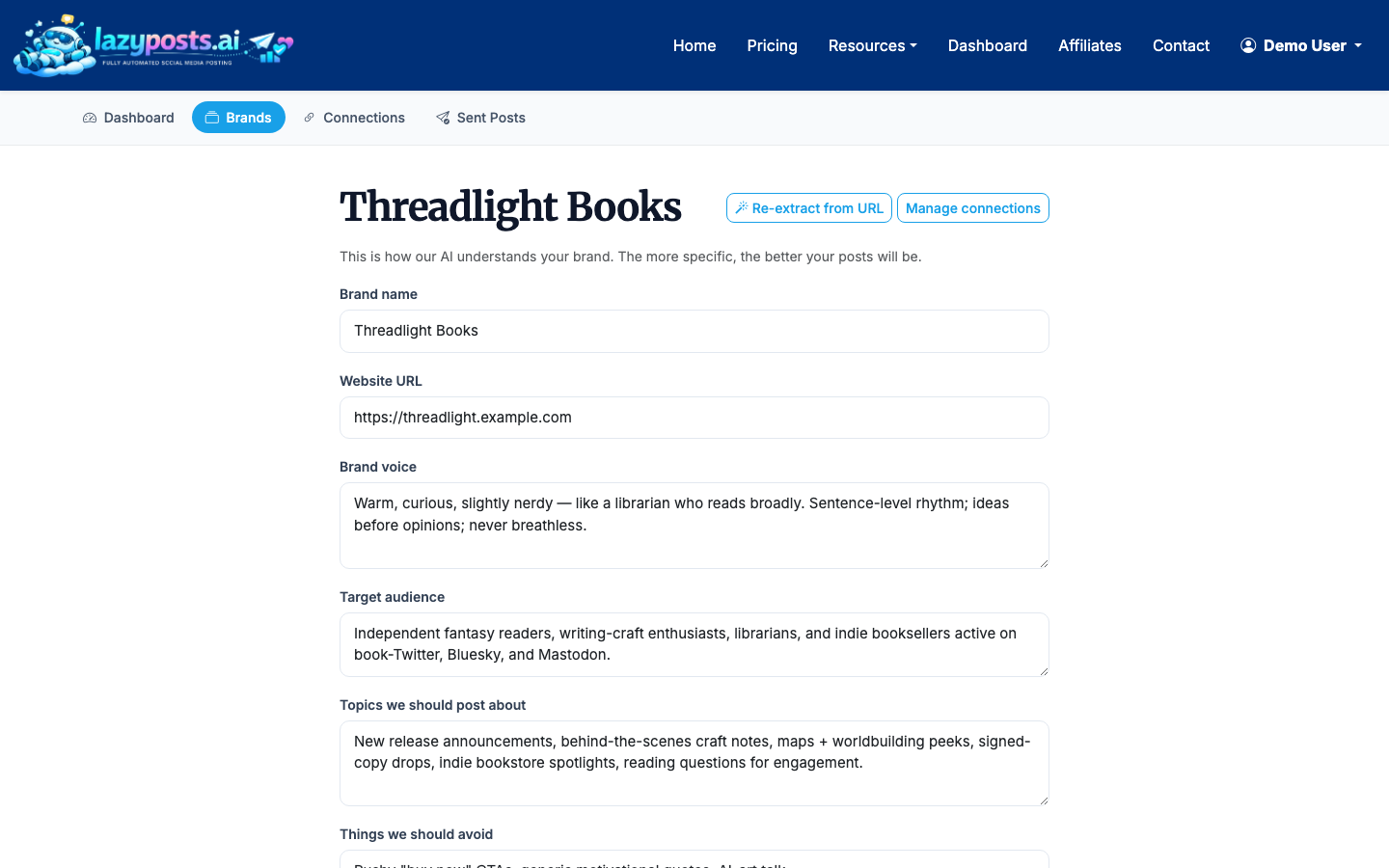 Define the voice, audience, topics, and avoid-list for your brand.
